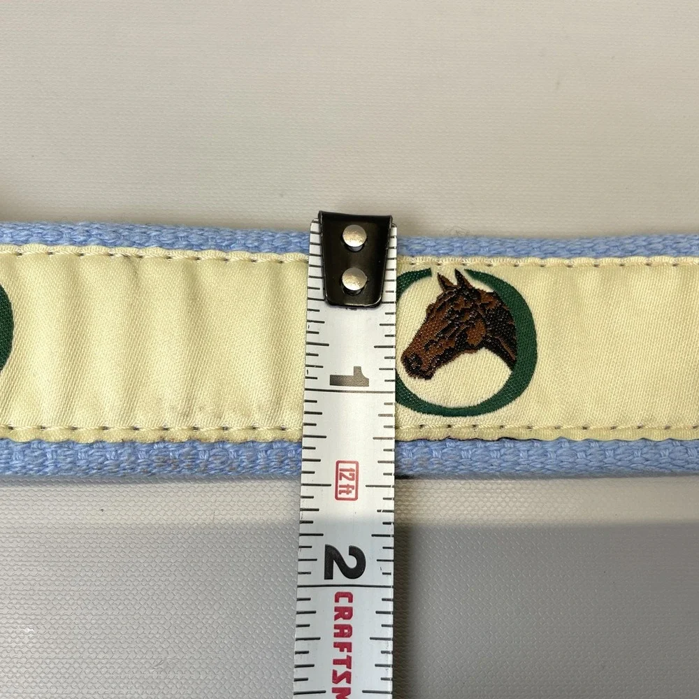 YRI Belt Mens Light Blue Horse Ribbon Canvas Leather Buckle Equestrian